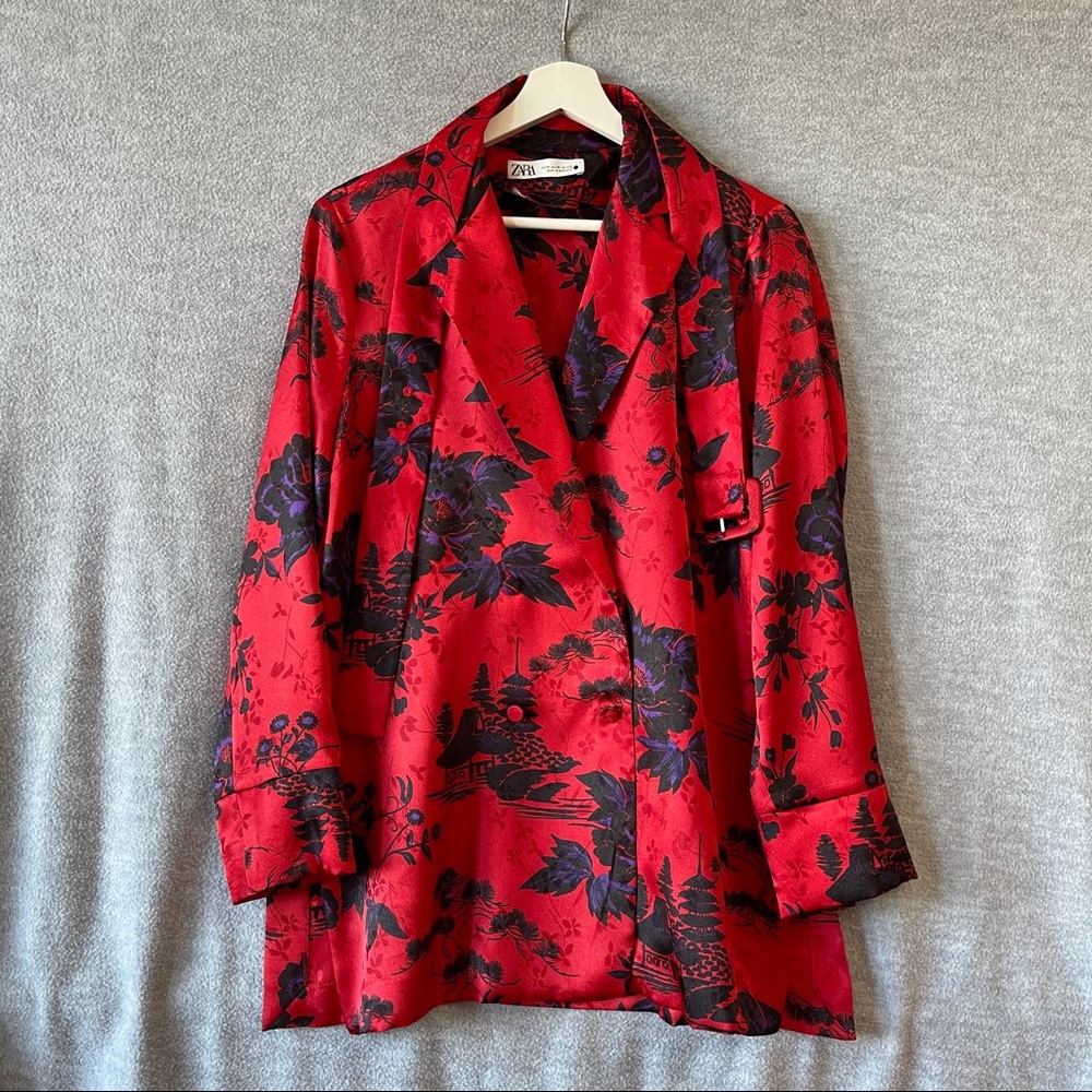 Zara red belted light weight blazer Sz M medium (E738)